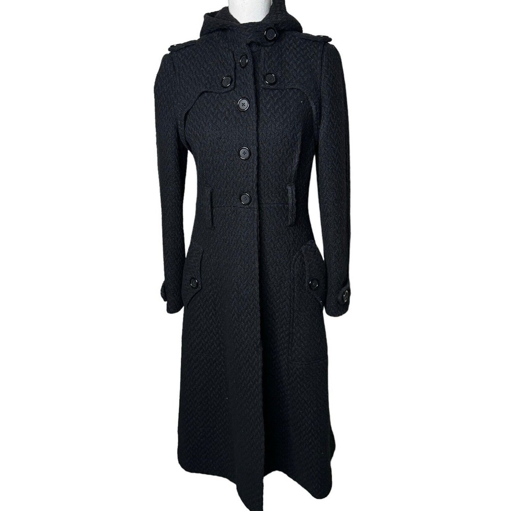 robert rodriguez Wool Long Black Coat Size 6 Hood